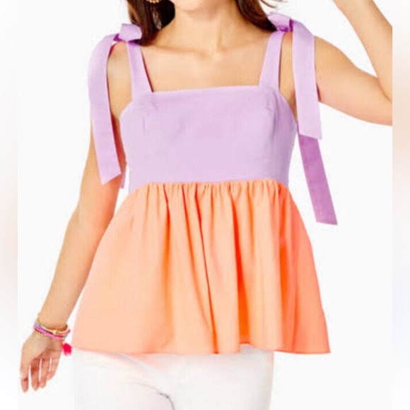 LILLY PULITZER Purple Iris / Bellini Colorblock Crop Anlee Top Shoulder Ties 6 - Picture 1 of 10